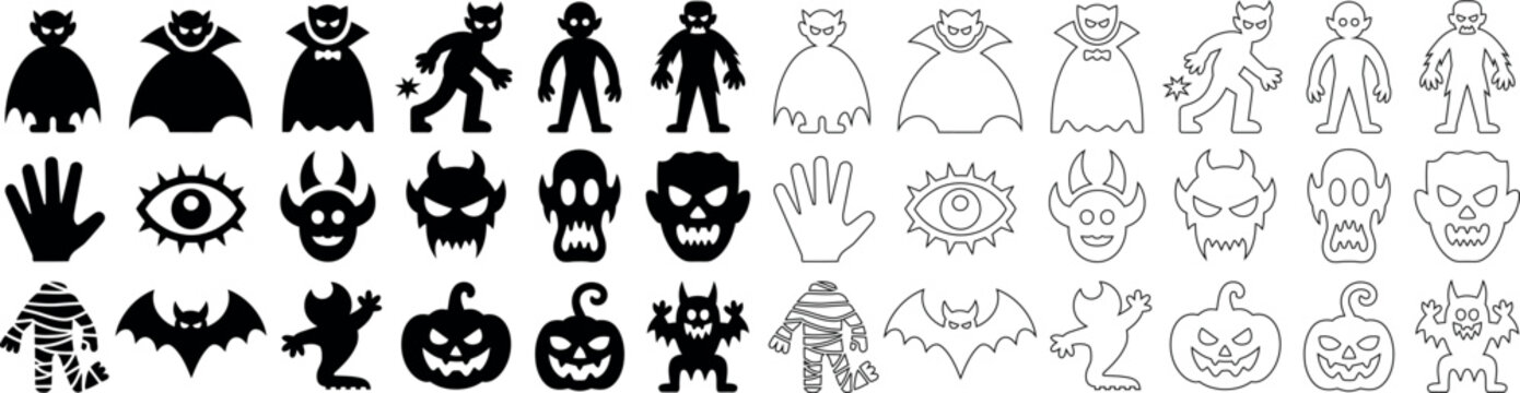 Collection of various Halloween themed black and white monster and spooky icon illustrations on a transparent background