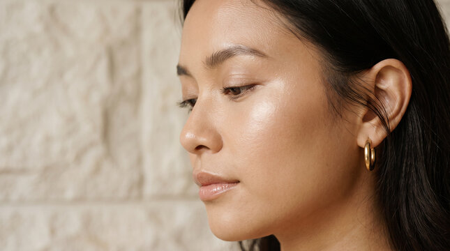 Side profile closeup showing luminous skin and soft brow detail