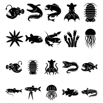 Deep Sea Creature and Abyssal Ocean Fish Monster Silhouette Set