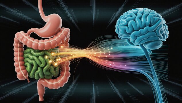 3d stomach, intestine and brain linked by glowing signal stream, showing gut brain axis communication and neural connection.