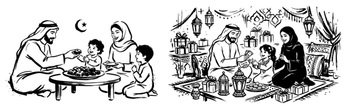 Muslim family eating dates for iftar and celebrating eid in sketch style
