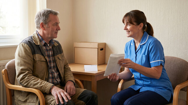 Community Clinic Asbestos Consultation With Worker And Medical Professional