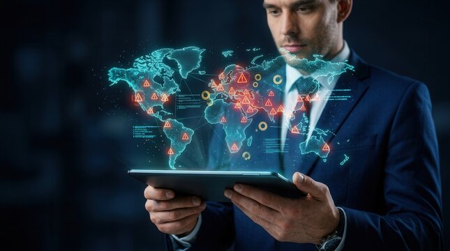 Economic uncertainty and geopolitical risk analysis featuring a digital world map and multiple warning icons on a tablet.