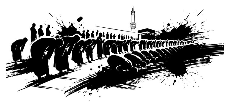Muslim men praying salah in mosque with ink splash background