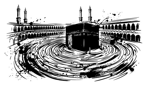 Kaaba in Mecca with pilgrims performing tawaf in brush stroke style
