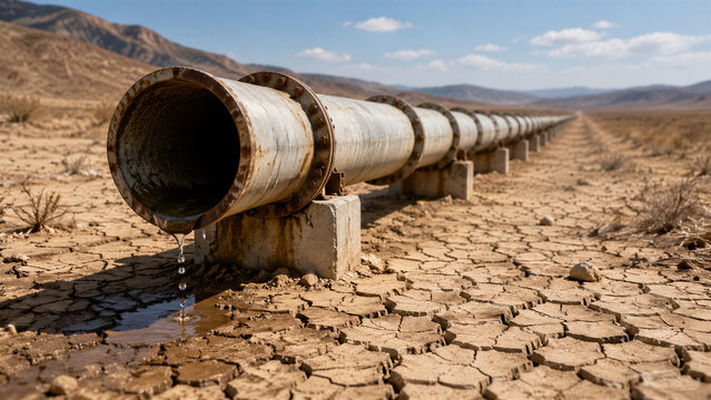 Large metal pipe dripping water across cracked dry terrain