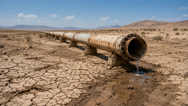 Rusty pipeline leaking water across cracked desert plain