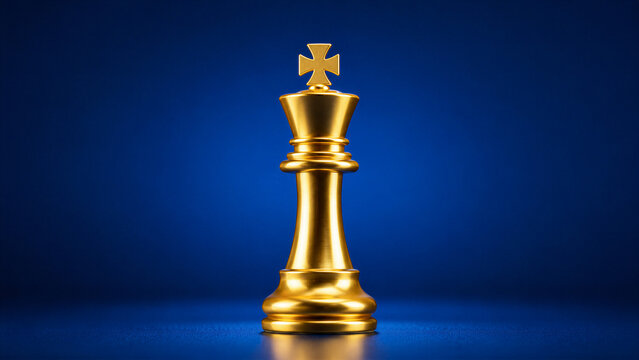 Gold chess king standing on reflective blue background