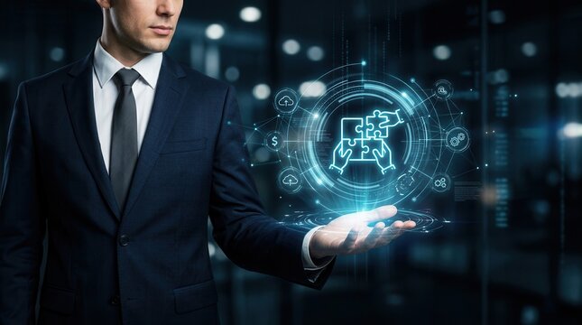 Seamless communication and data synchronization represented by a businessman and an interconnected digital network.
