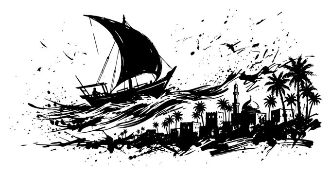 Arabian dhow boat sailing on sea waves near coastal city in ink splatter style