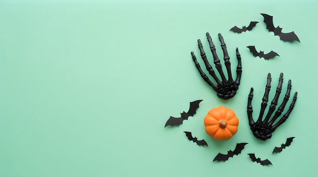 Two black glitter skeleton hands, a small orange pumpkin, and scattered paper bats create a Halloween display on a light green surface.