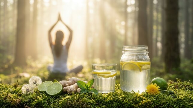 Detox drinks with lemon, ginger, and herbs beside a person doing yoga in nature.