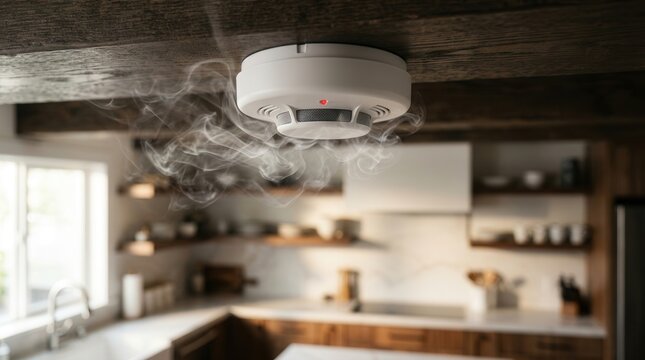 Smoke detector alarm maintenance and safety inspection service in a modern kitchen.