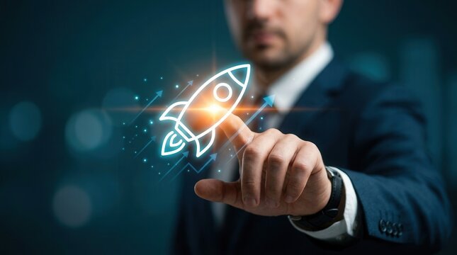 Corporate business startup concept with a businessman touching a rocket launch icon and up arrow for leadership.