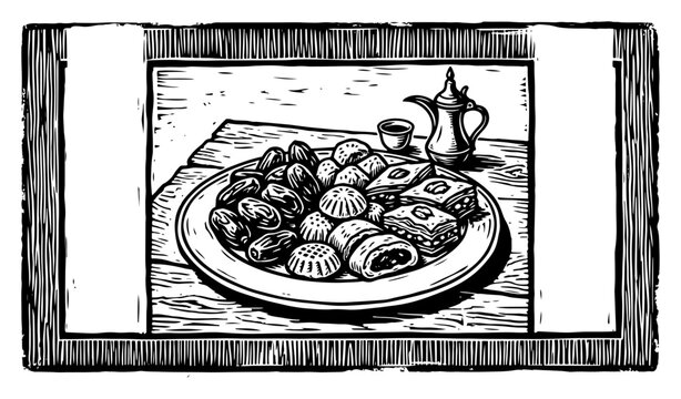 Traditional Middle Eastern sweets and dates with dallah coffee pot in linocut style