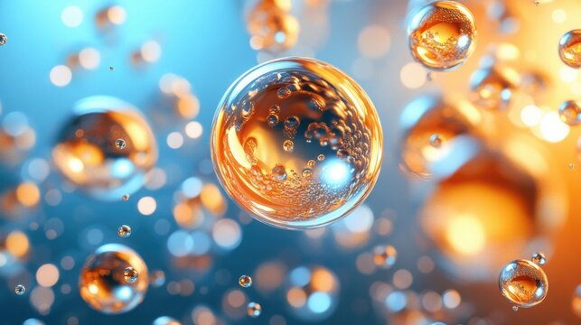 Bubbles of golden liquid float against a soft blue and orange gradient background, highlighting the delicate textures and translucent light effects present in this macro scene.