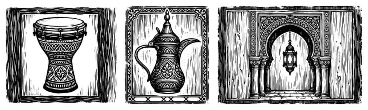 Traditional Arabic cultural icons collection featuring darbuka drum dallah coffee pot and lantern archway in vintage linocut style