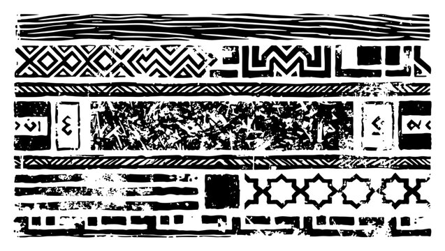 Middle Eastern ethnic borders with geometric patterns in distressed linocut style
