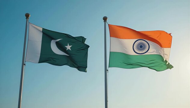 Pakistan and India Flags on Tall Flagpoles with Clouds