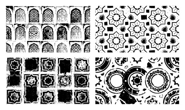 Islamic architecture patterns and geometric tile motifs in distressed linocut style