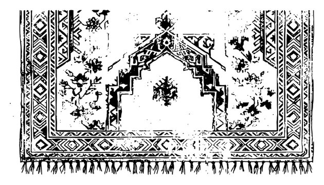 Prayer rug with ornate mihrab arch and distressed grunge texture in black ink style