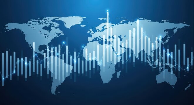 Global financial markets visualized on a world map with stock chart overlays