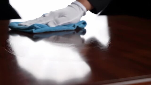 Close-up of hand in white glove cleaning a polished wooden surface with a blue cloth.