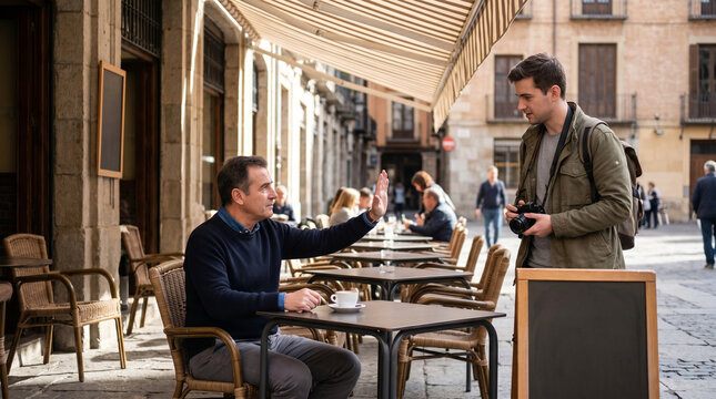 Cafe Terrace Privacy Gesture During Tourist Photo Attempt