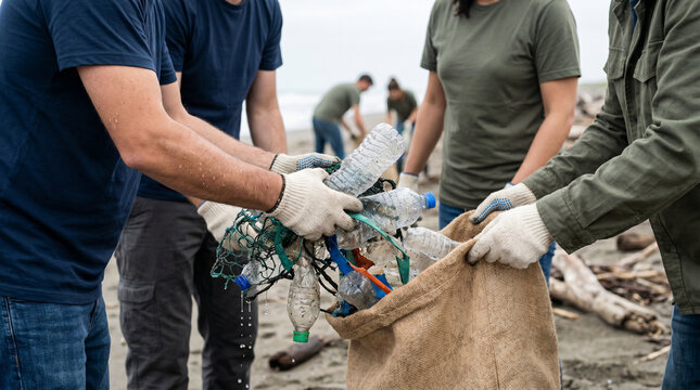 Close View Volunteers Lifting Plastic Debris From Wet Beach Sand