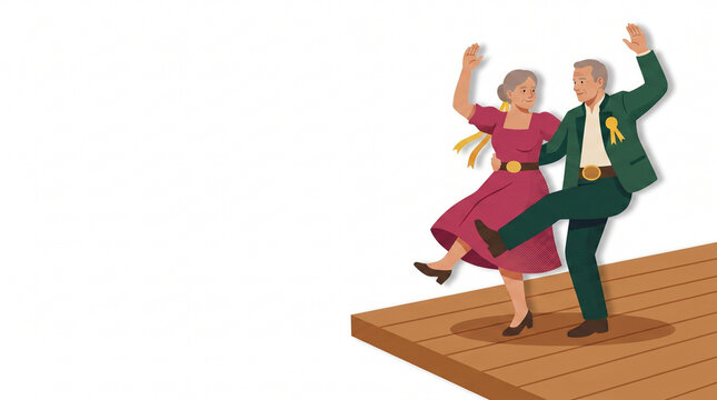 Elderly couple dancing joyfully in traditional Bavarian attire on stage  
