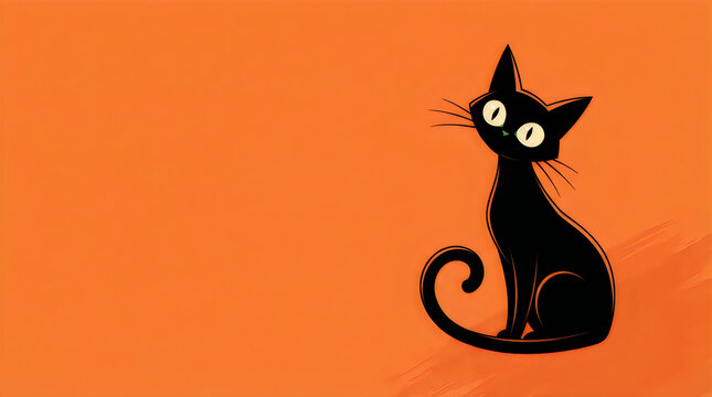 Black cat illustration with large eyes sits on a vibrant orange background, creating a whimsical and spooky atmosphere for various design projects.