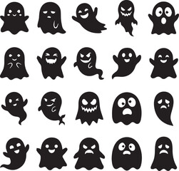 Obraz premium Hand Drawn Halloween Ghost Bundle Set, Cute Spooky Ghost Silhouette Collection, Black Vector Clipart