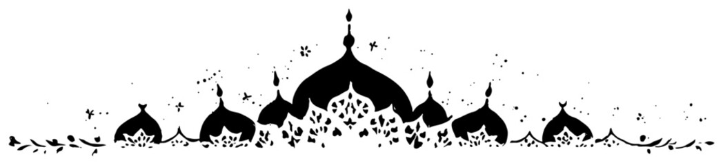 Islamic mosque domes and minarets skyline with decorative floral patterns silhouette illustration © Katarzyna