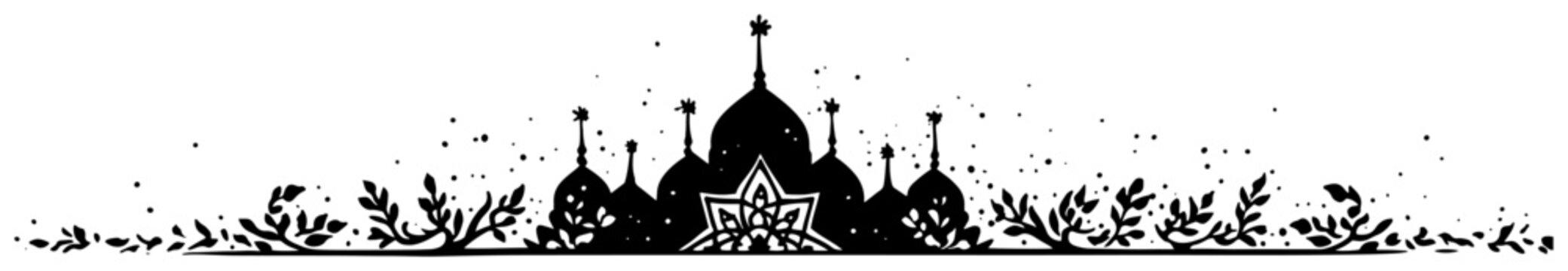 Islamic architectural header with mosque silhouettes and foliage in ink style