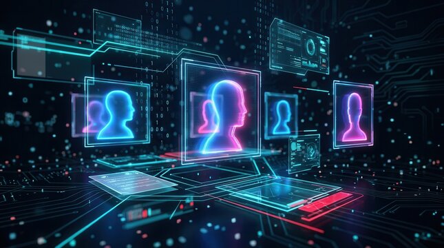 Virtual reality and synthetic media concept with machine learning and creative technology.
