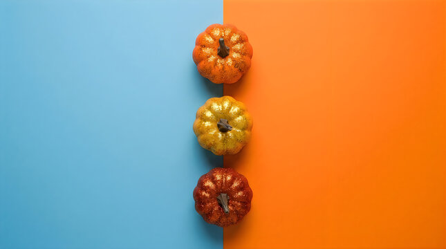 Three decorative mini pumpkins in orange, gold, and bronze colors are arranged vertically on a split background of light blue and vibrant orange.