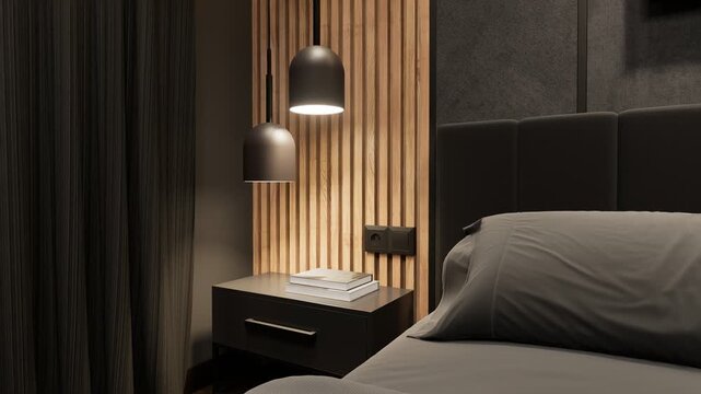 A beautiful minimalist bedroom featuring dark tones and natural materials.