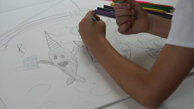 A father sits alone at the table, using a blue pen to carefully sketch a large whale outline on a blank white sheet of paper surrounded by colored pencils.