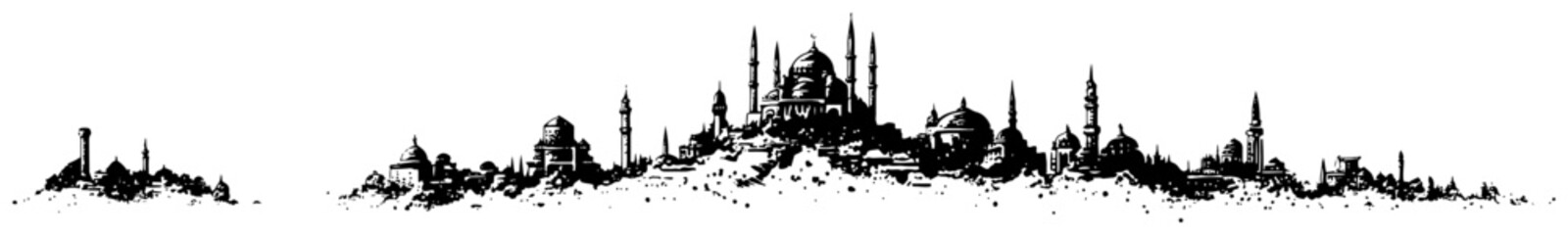 Islamic city skyline with mosque domes and minarets in ink sketch style © Katarzyna