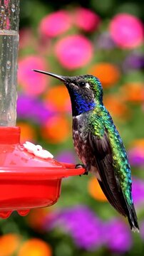 Hummingbird Feeding on Red Feeder in Vibrant Garden.