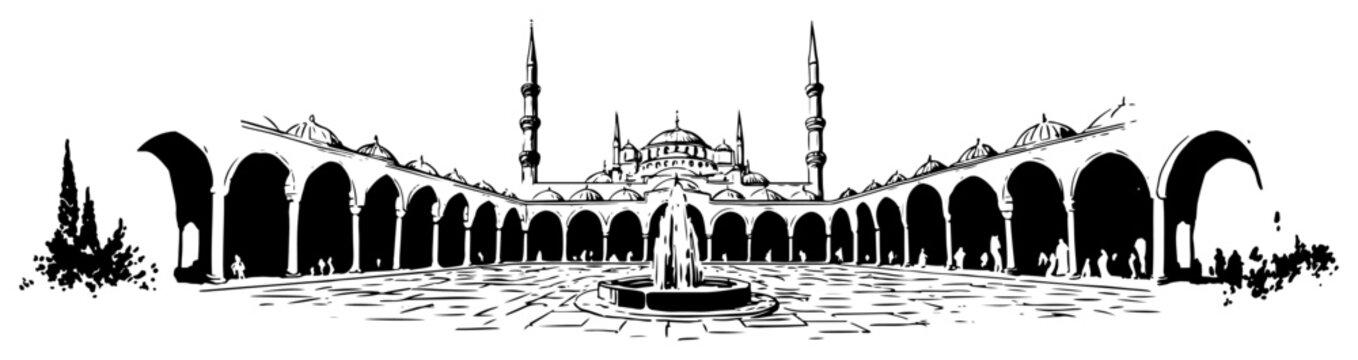 Mosque courtyard with fountain and arched corridors in panoramic ink sketch style
