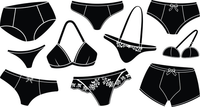 Women's underwear vector collection, bra and panties fashion set featuring modern lingerie essentials, isolated on white background illustration design
