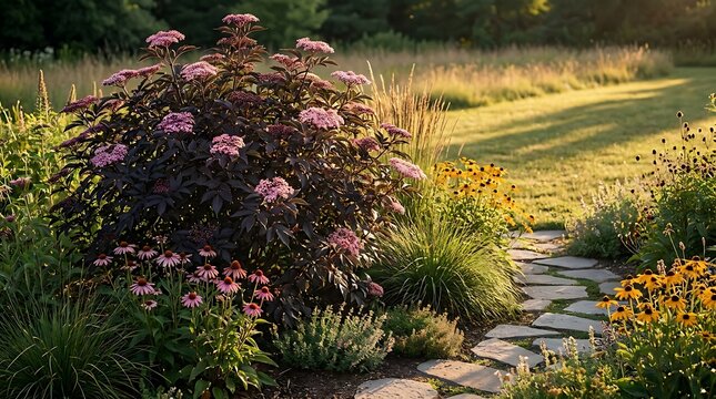 Black lace elderberry shrub with pink blossoms in a vibrant summer garden landscape with a stone pathway at golden hour