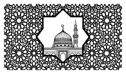 Mosque dome and minaret inside a star frame on a geometric islamic pattern background © Katarzyna