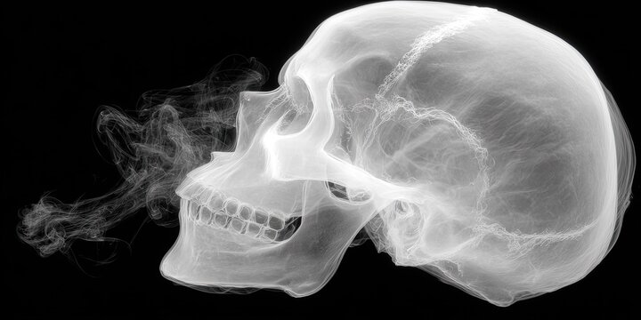 Artistic side profile X-ray of skull with smoke.