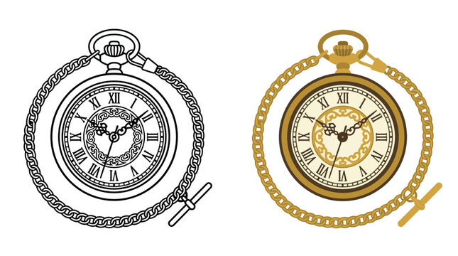 Vintage Pocket Watch Illustration with Chain in Outline and Colored Versions