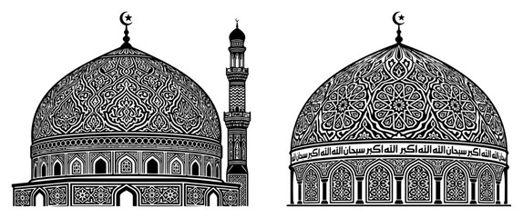 Mosque domes with intricate geometric patterns and calligraphy in detailed vector style © Katarzyna