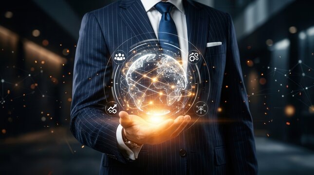 Strategic leadership and management success illustrated through digital icons and a glowing globe.