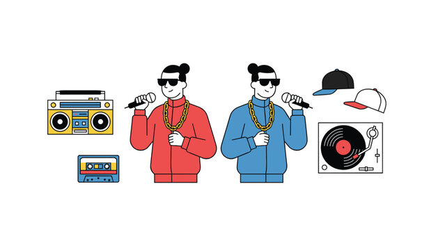 Male hip hop performers in red and blue tracksuits hold microphones near boombox, cassette tape, vinyl record player, and caps.