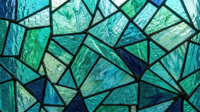 A detailed view of a textured stained glass window with an abstract blue and green geometric design.